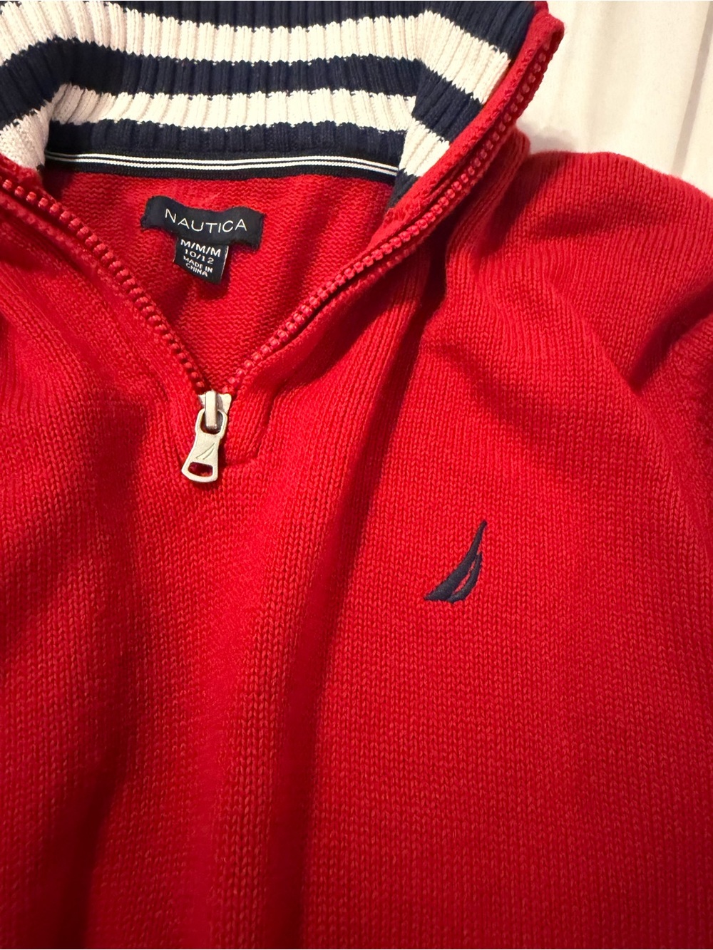 Nautica Red 3/4 Zip Sweater with Navy & White Striped Collar 🇺🇸